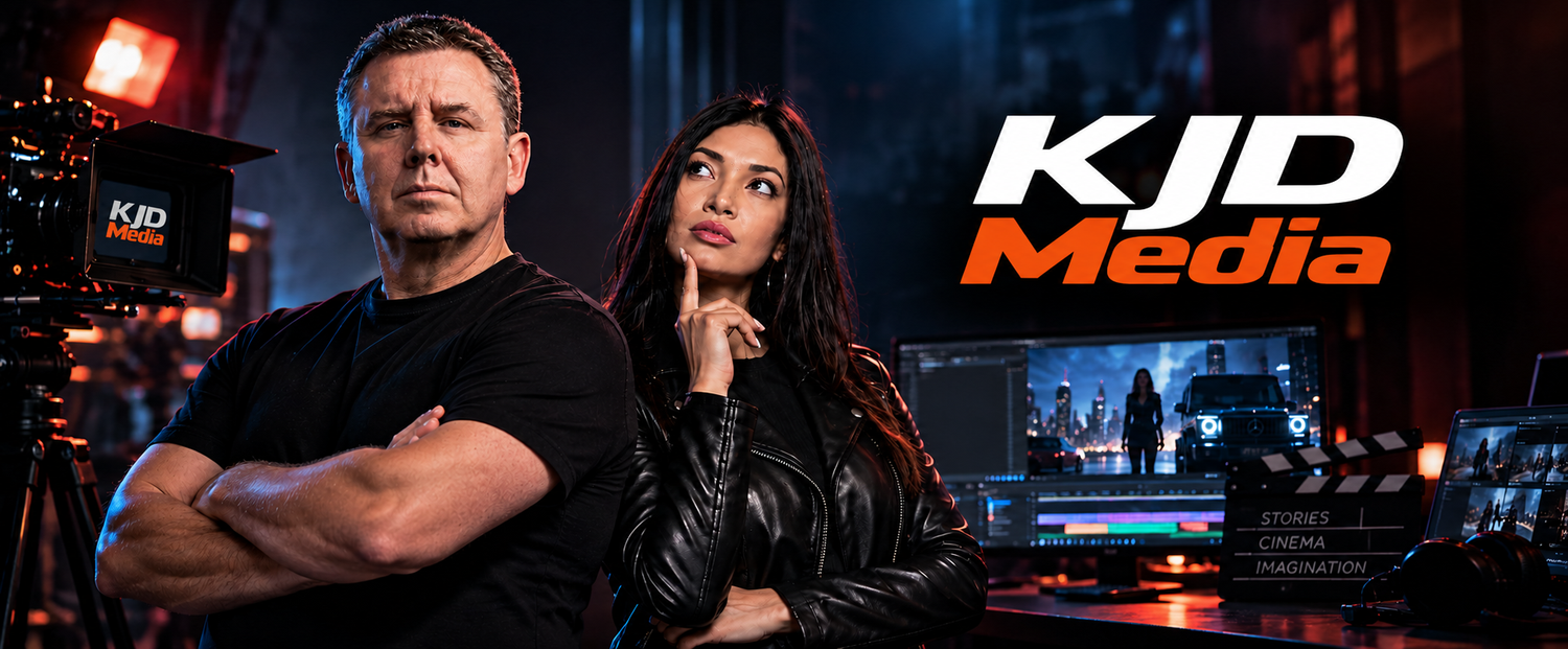 Two people in black clothing pose confidently in a video production studio beside a camera and editing monitors, with the KJD Media logo.