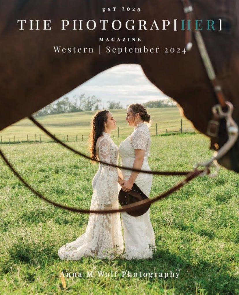 A romantic countryside wedding portrait viewed through a circular frame with rolling hills in the background.
