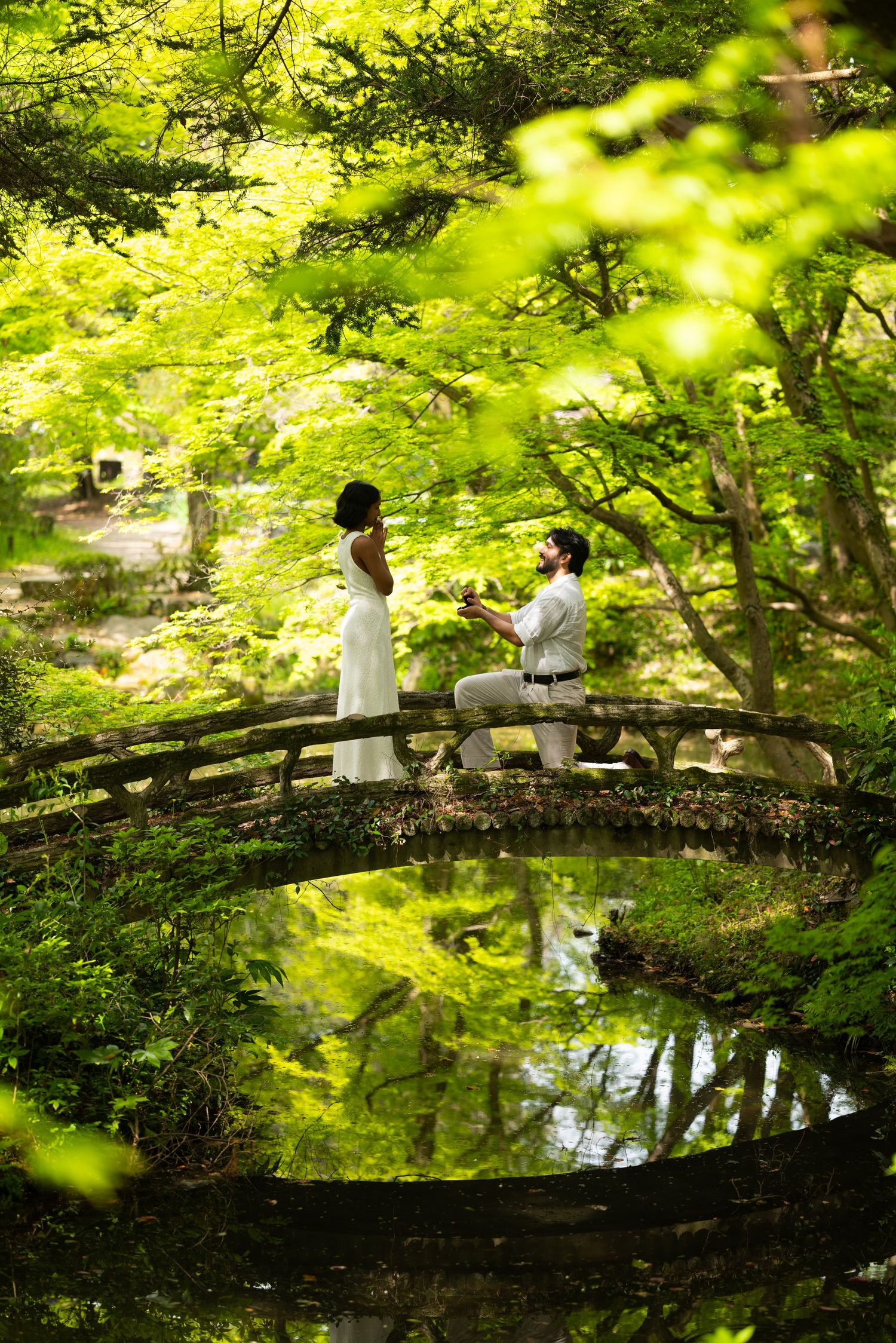 Man kneeling on a wooden arched bridge proposes to a woman in a white dress, surrounded by lush green trees above a calm reflective pond.