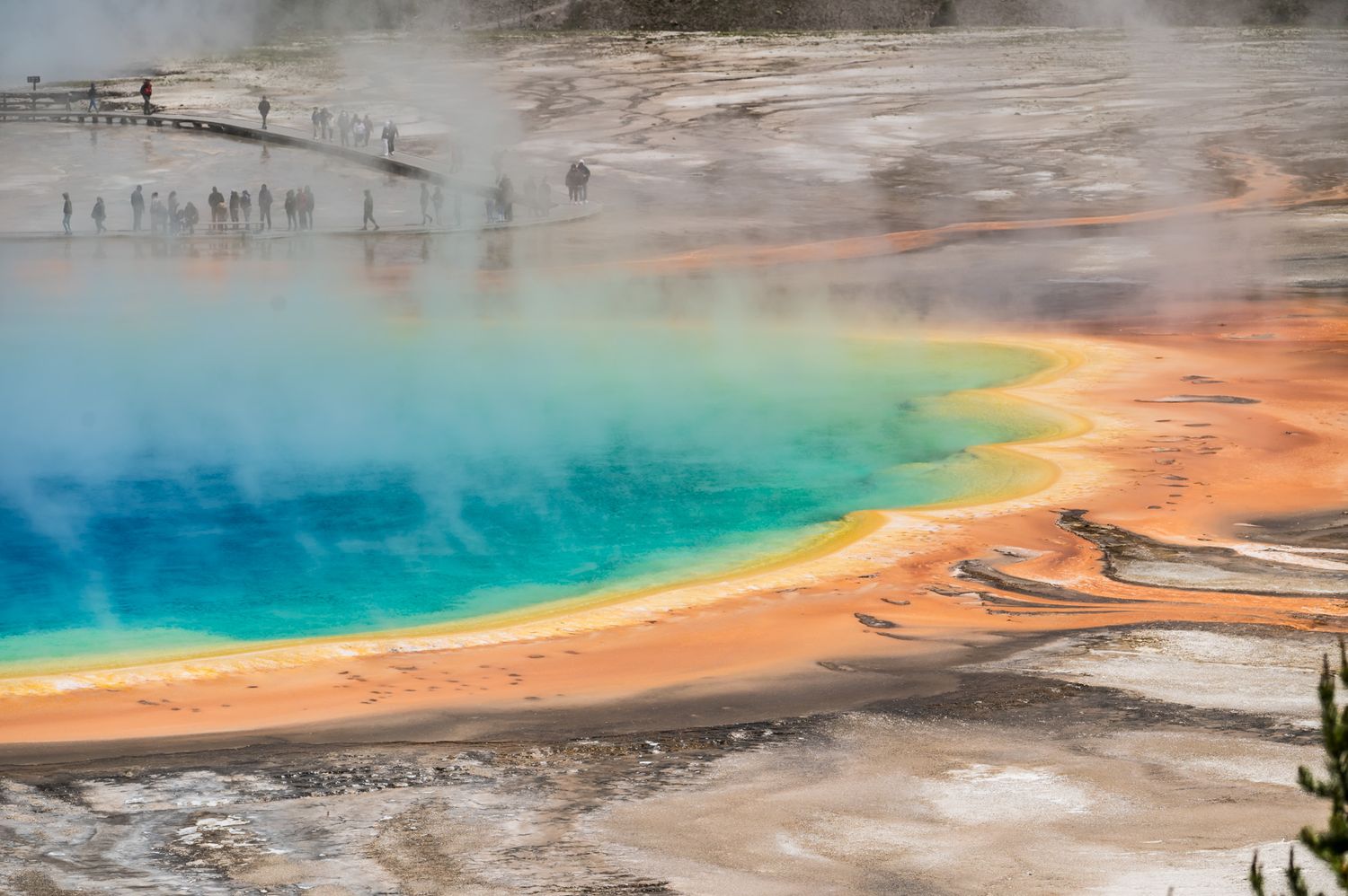 Aerial view of Grand Prismatic Spring in Yellowstone with vibrant rainbow colors.
