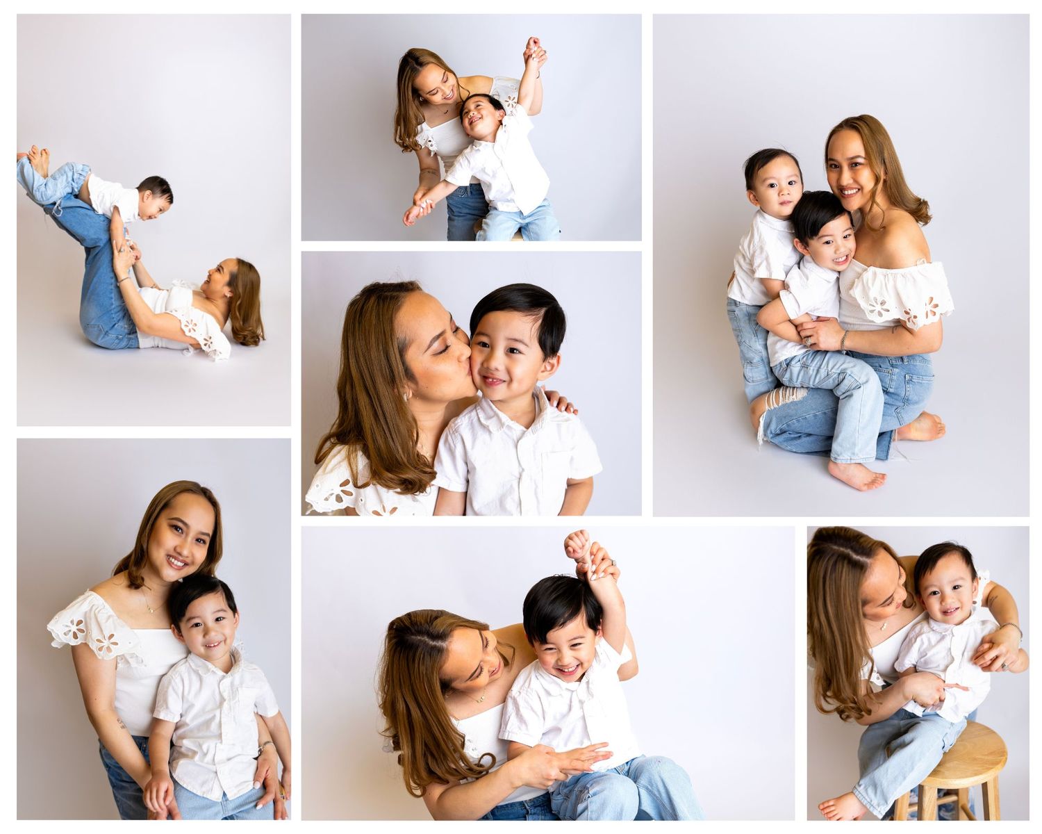 A heartwarming collage of tender family moments in a bright white studio setting with coordinated casual outfits.