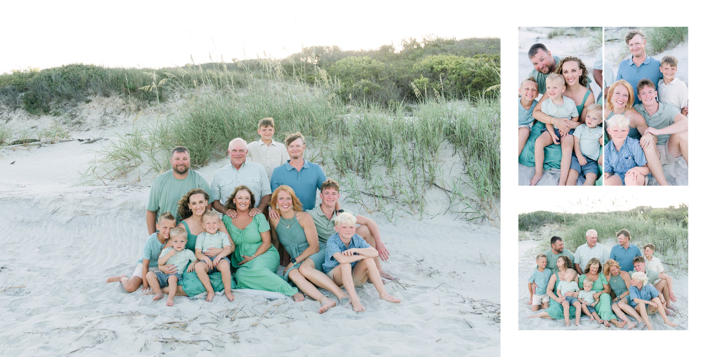 Family photo album spread featuring beach portraits of an extended family, with group photographs and smaller family combinations.