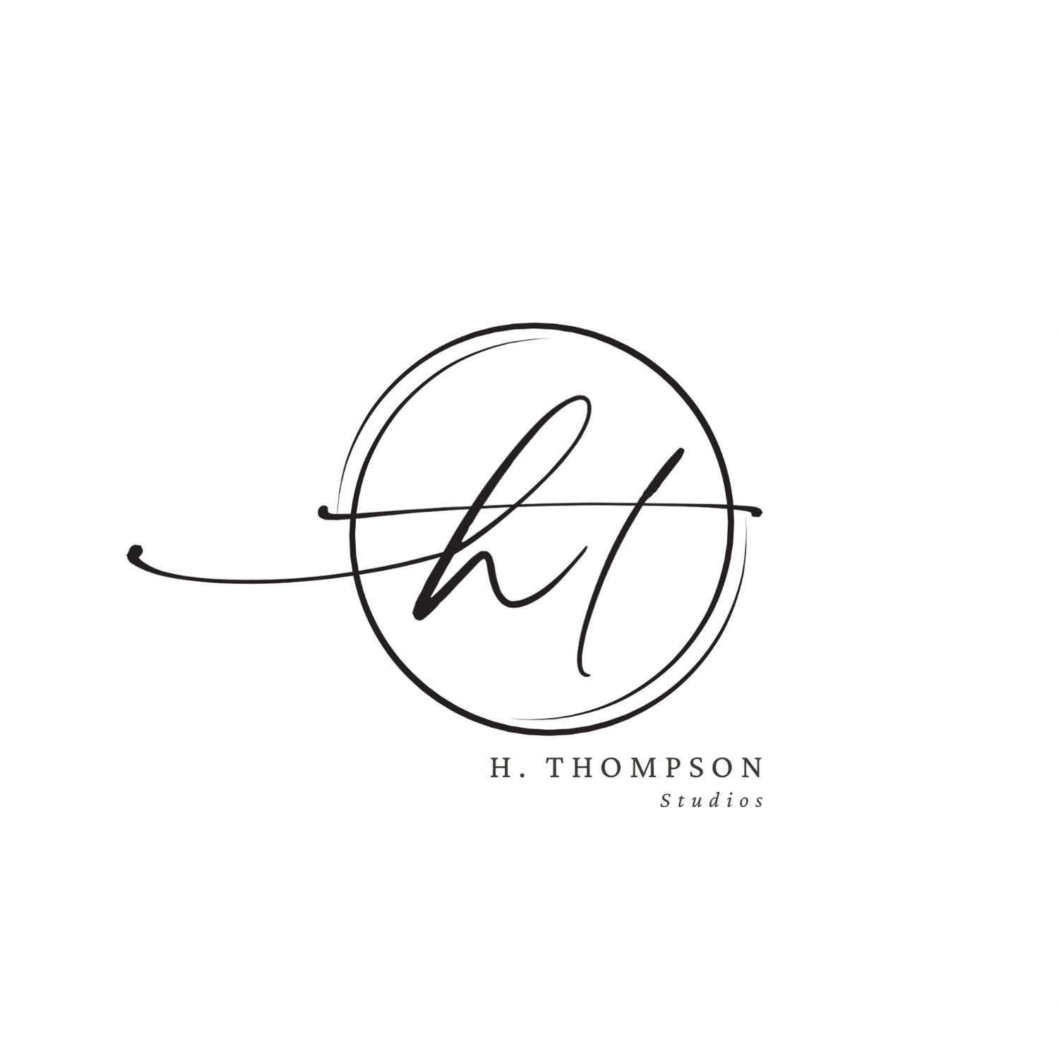 Elegant H. Thompson Studios logo featuring handwritten HT initials inside a minimalist circle design in black and white.