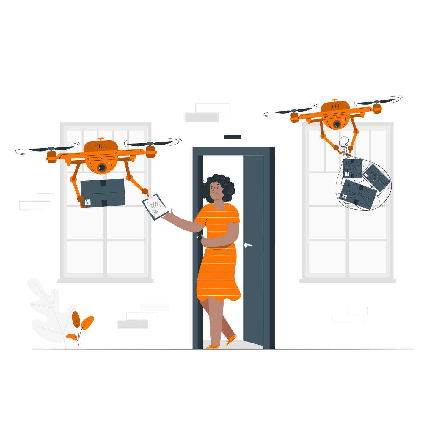 Woman in orange dress receiving packages from two delivery drones at her front door.