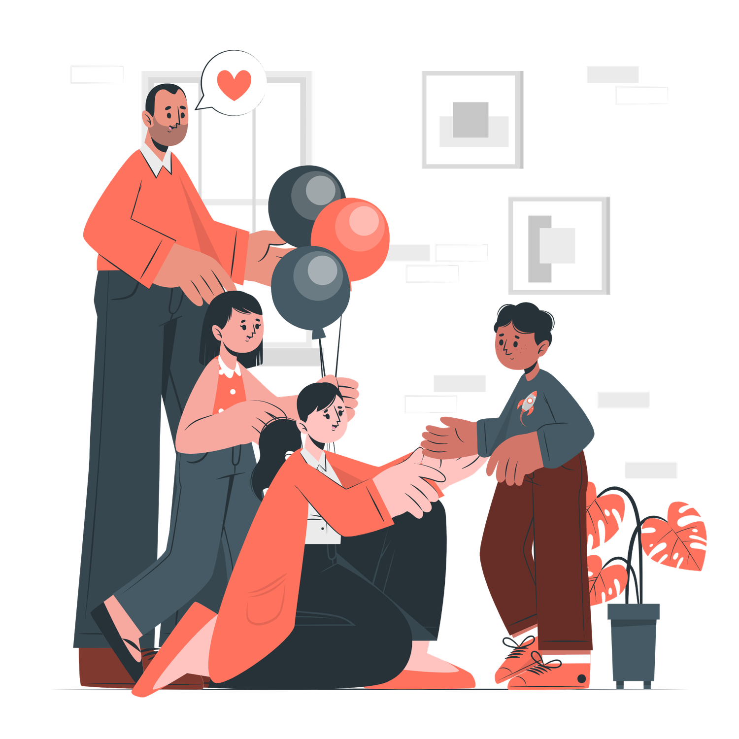 Illustration of a diverse group of friends celebrating together with balloons indoors.