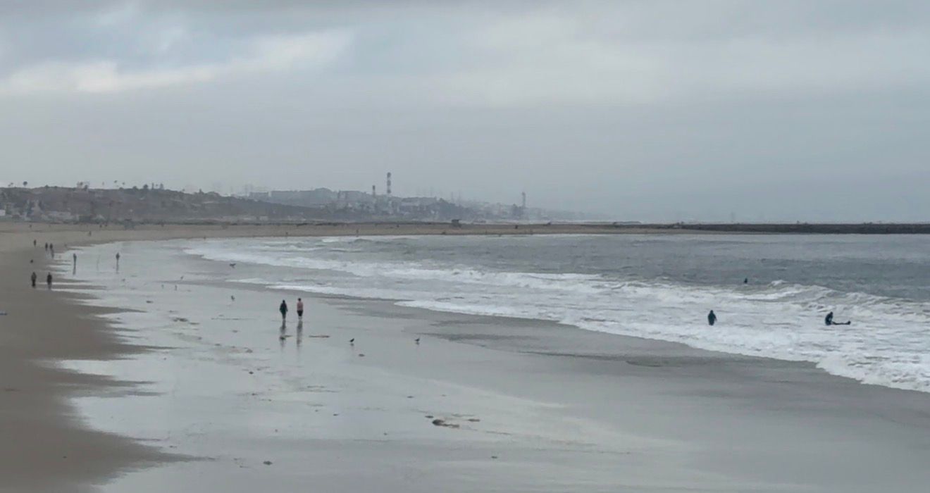 Overcast beach scene with gentle waves, scattered beachgoers walking along wet sand, and a distant city skyline on the horizon.