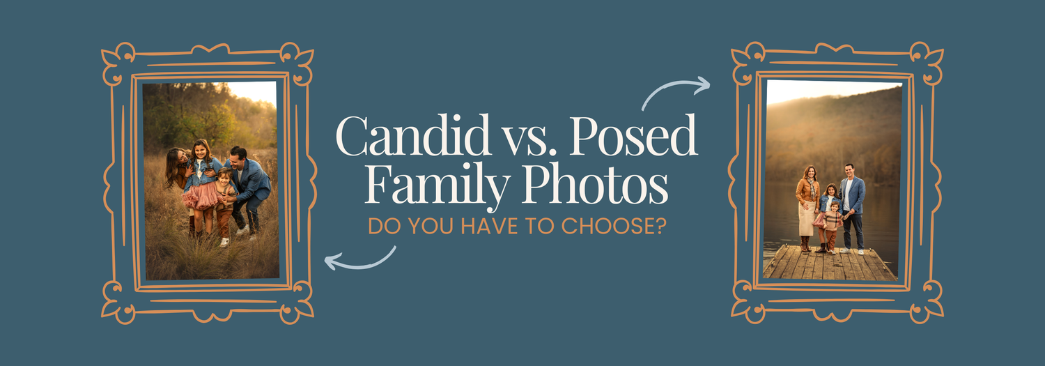 A banner comparing candid vs posed family photos featuring two warm outdoor family portrait examples in decorative frames.