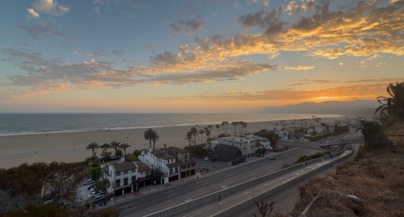Stunning aerial sunset view of a California coastal highway lined with palm trees and beachfront homes overlooking the Pacific Ocean.
