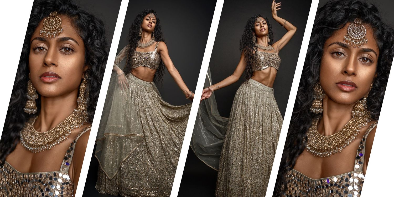 Glamorous portrait series featuring ornate gold jewelry, dark curly hair, and dramatic makeup against a dark background.