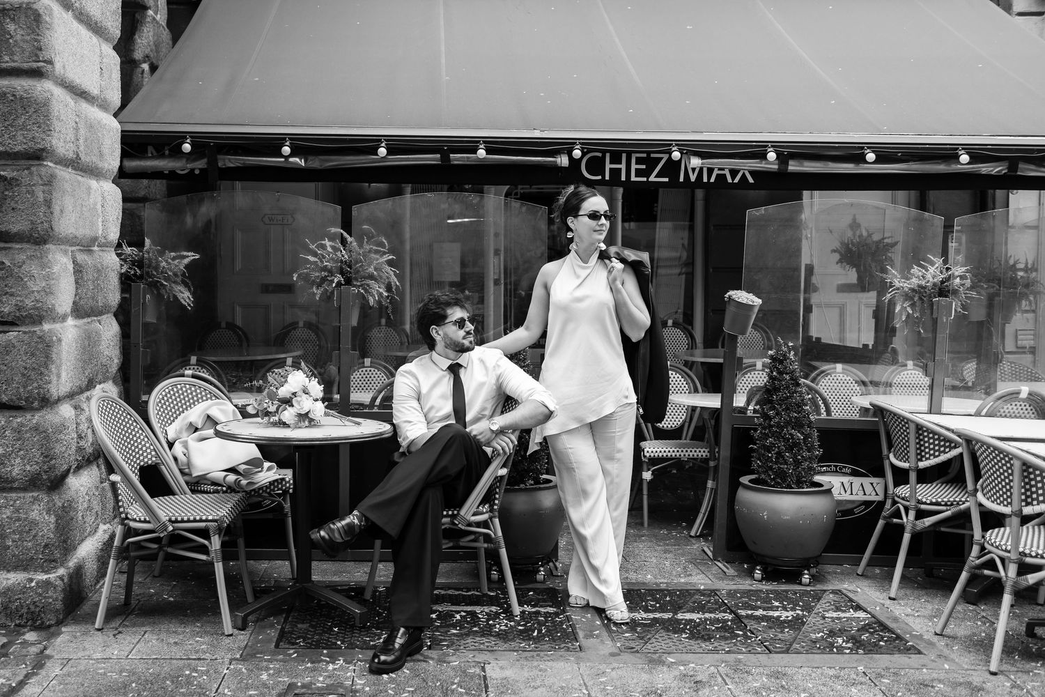 Editorial post-wedding at Chez Max Dublin — European café elegance with timeless, cinematic style.