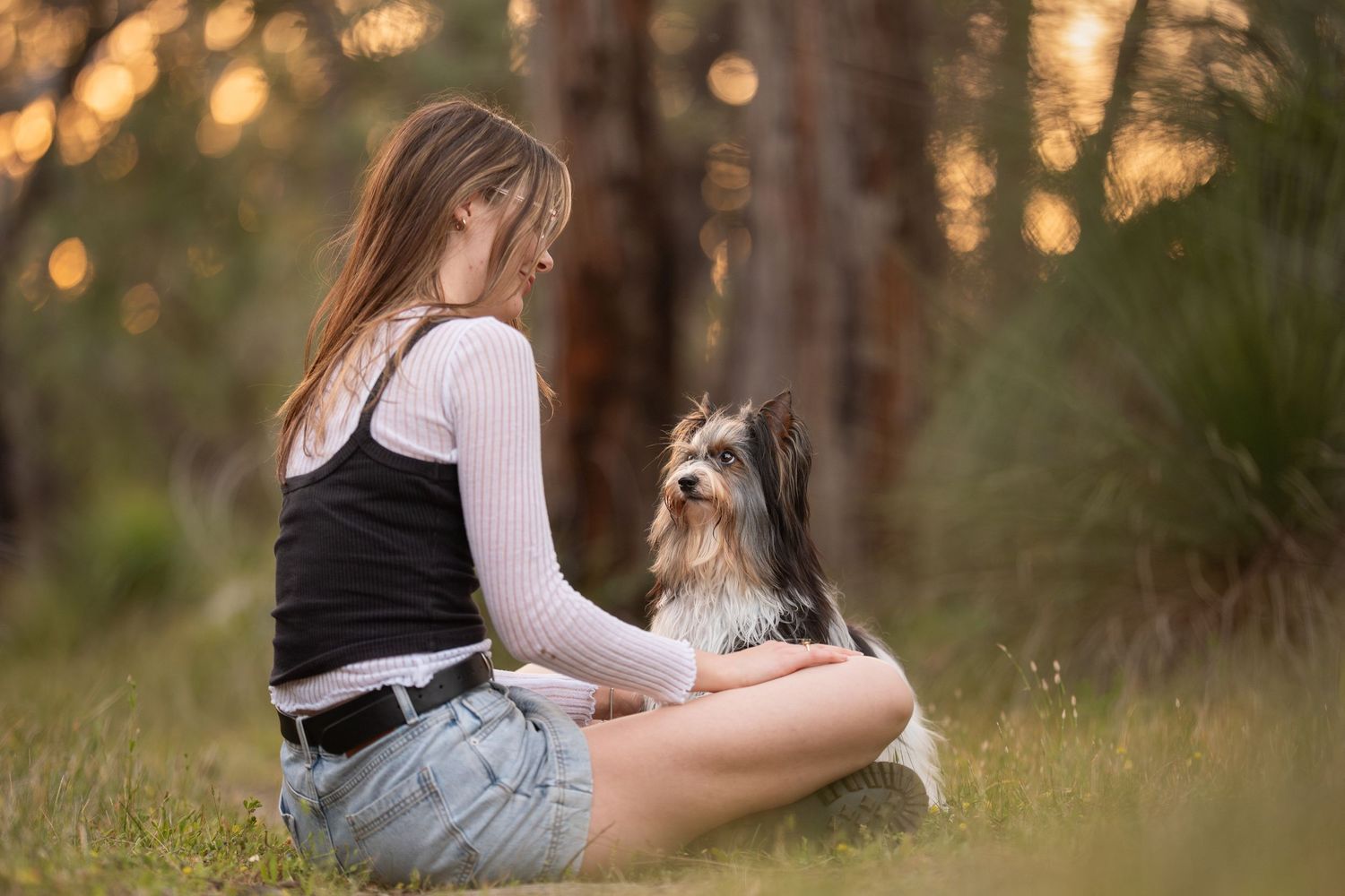A person in casual attire sits in a grassy field during golden hour sunset with trees in the background and a pup on her lap.