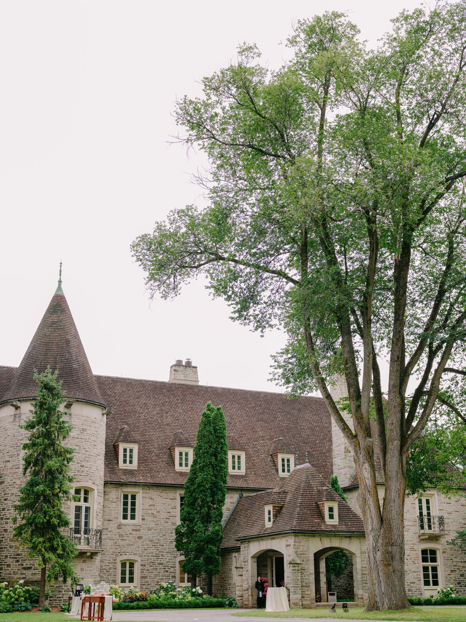 A majestic stone chateau with dormers and tall trees featuring classic French architecture and a steeply pitched roof.