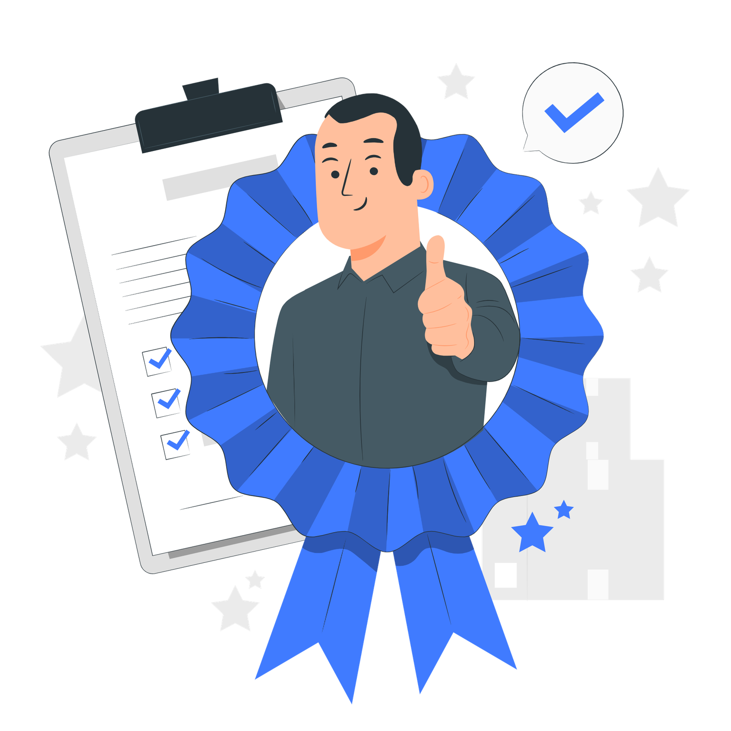 Man giving thumbs up with blue award ribbon and checklist, symbolizing quality and achievement.