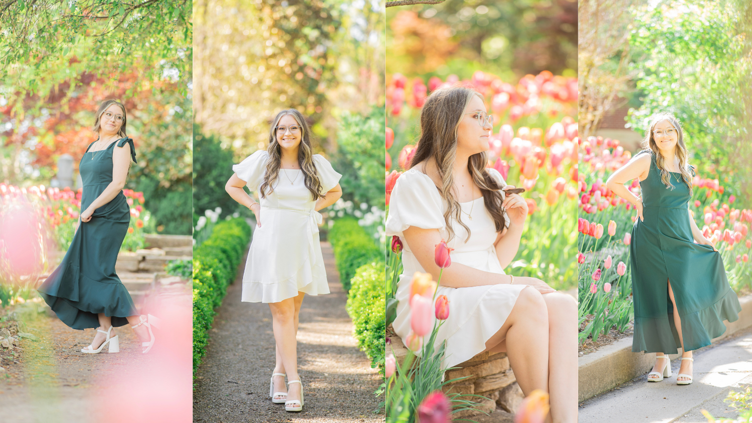 Four-panel senior portrait collage of a brunette girl in white and green dresses among colorful spring tulip gardens.