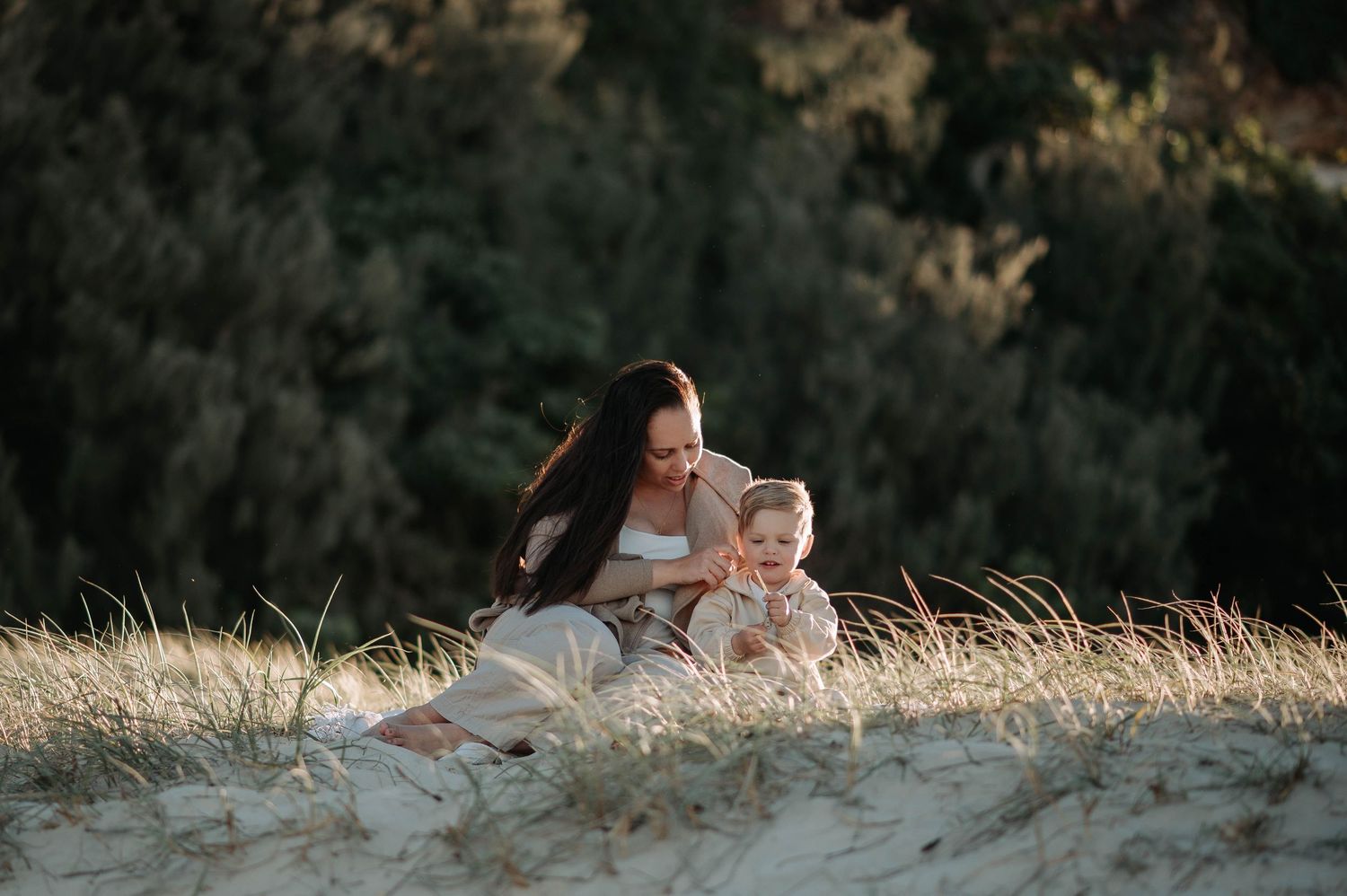 A series of connected outdoor family portraits show intimate moments between parent and child in golden sunlight.