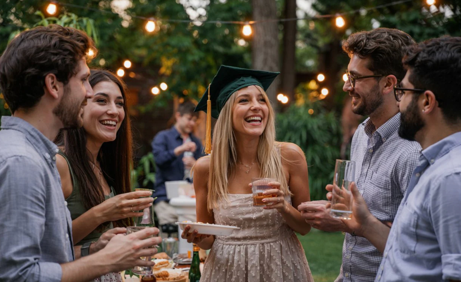 A group of friends enjoying drinks and laughter at an outdoor garden party with string lights overhead.