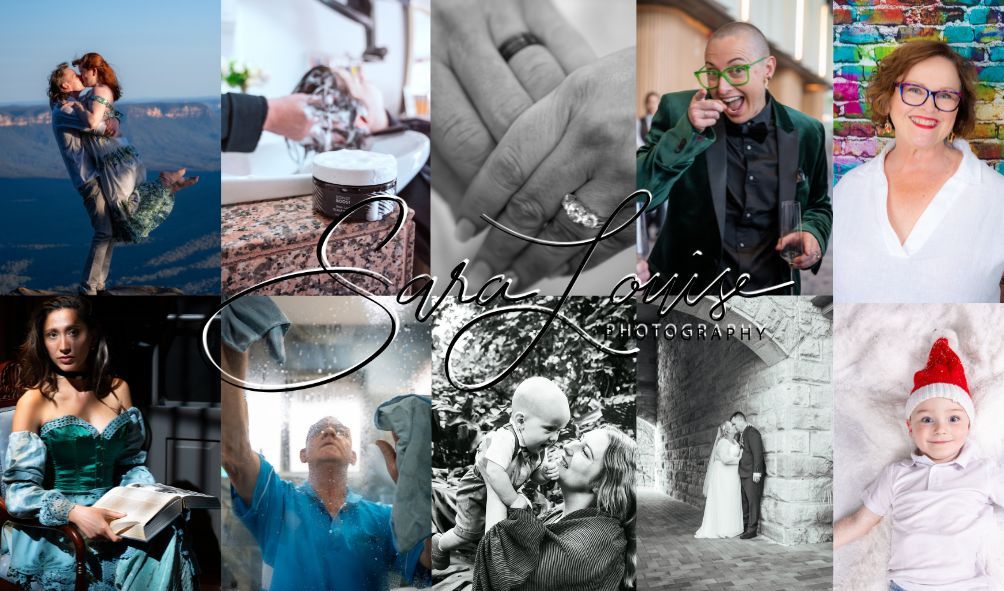 A collage of candid black and white and color photographs showing intimate family moments and celebrations.