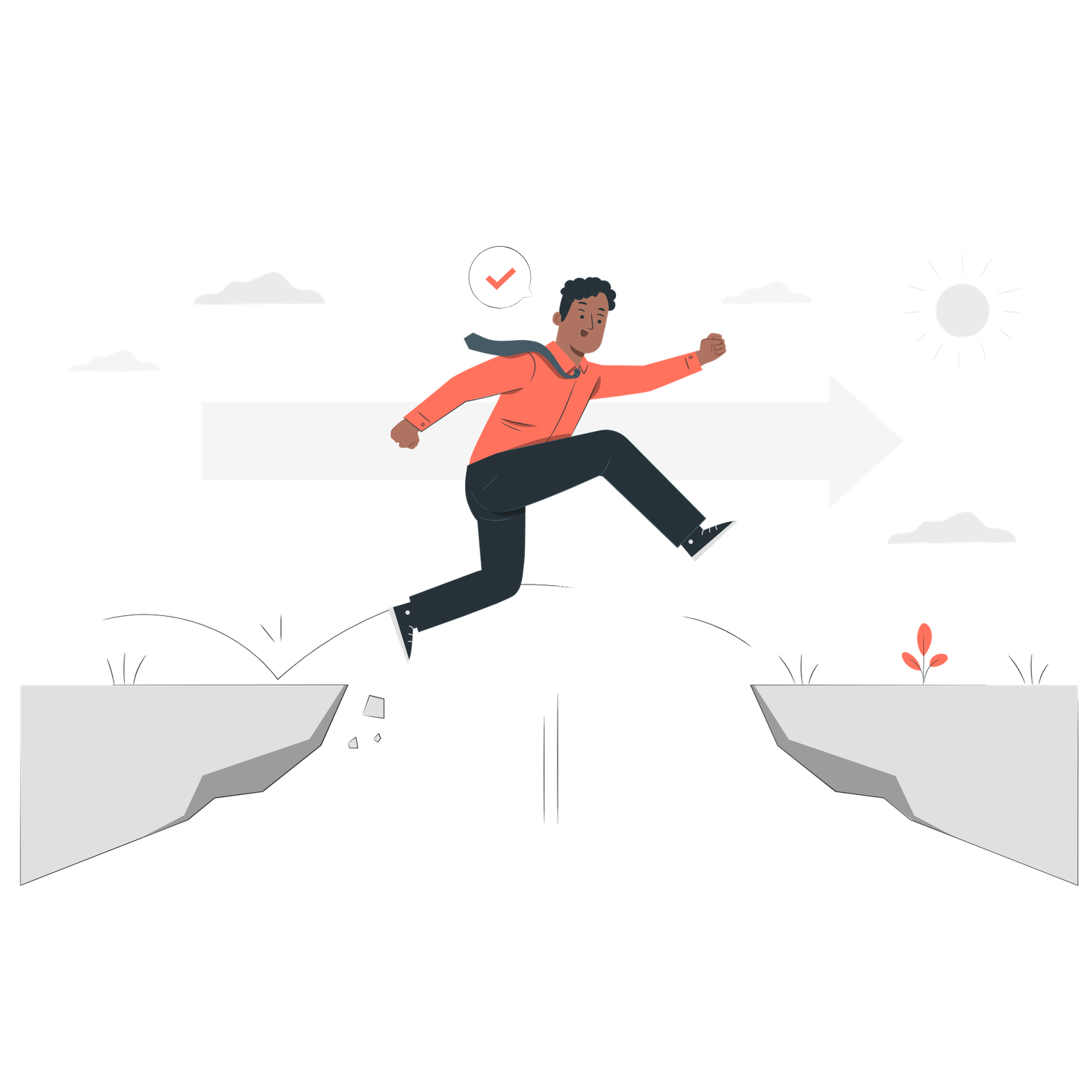 Person leaping across a gap between two cliffs with a checkmark and arrow symbolizing overcoming challenges and moving forward.