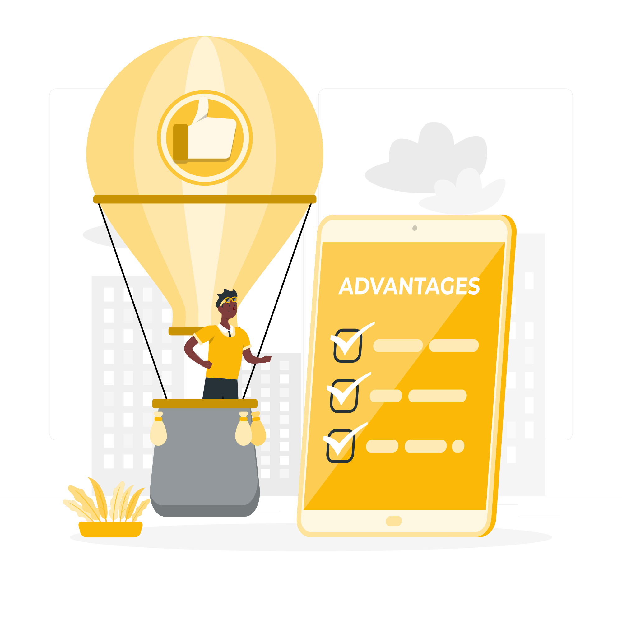 A person rides a hot air balloon with a thumbs-up icon, next to a tablet displaying an advantages checklist.