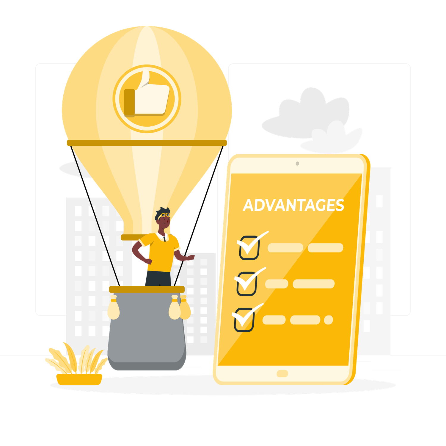 A person rides a hot air balloon with a thumbs-up icon, next to a tablet displaying an advantages checklist.