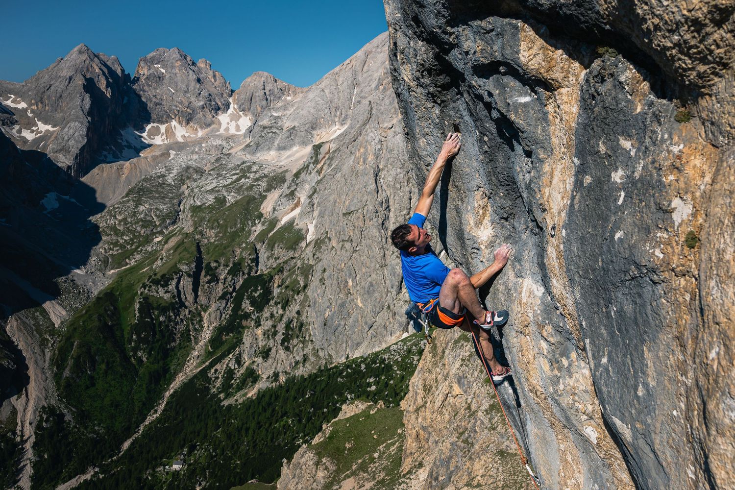 Adam Ondra climbing Egoland on Marmolada South Face in Dolomites, Italy. Photo: Jan Virt.
