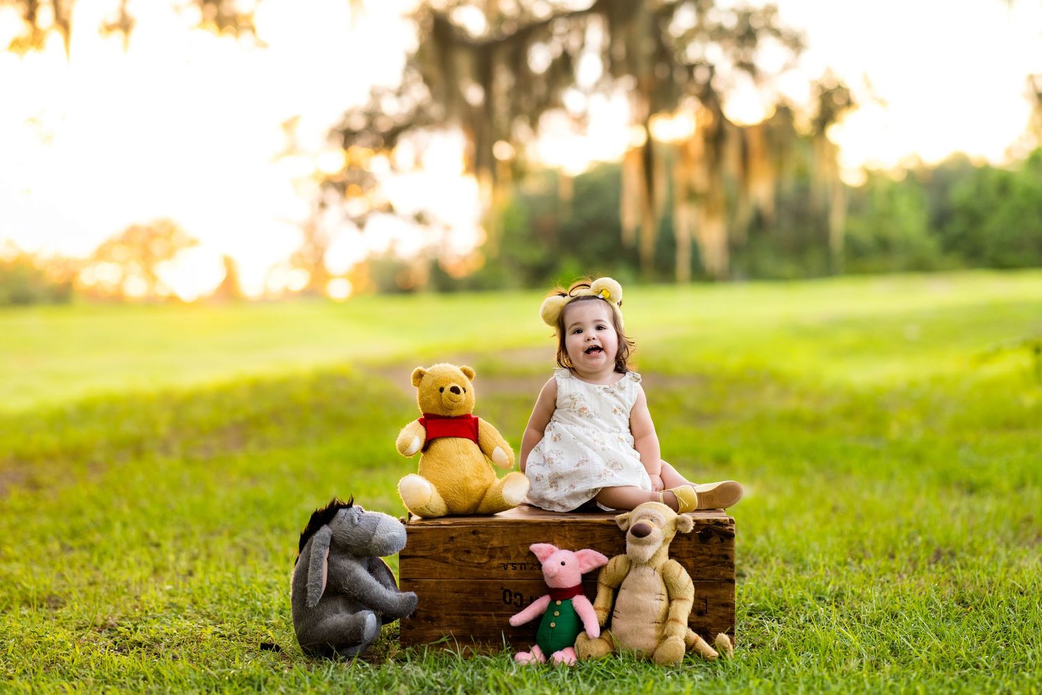 Toddler girl laughing on wooden crate with Winnie the Pooh stuffed animals on green grass at golden hour.