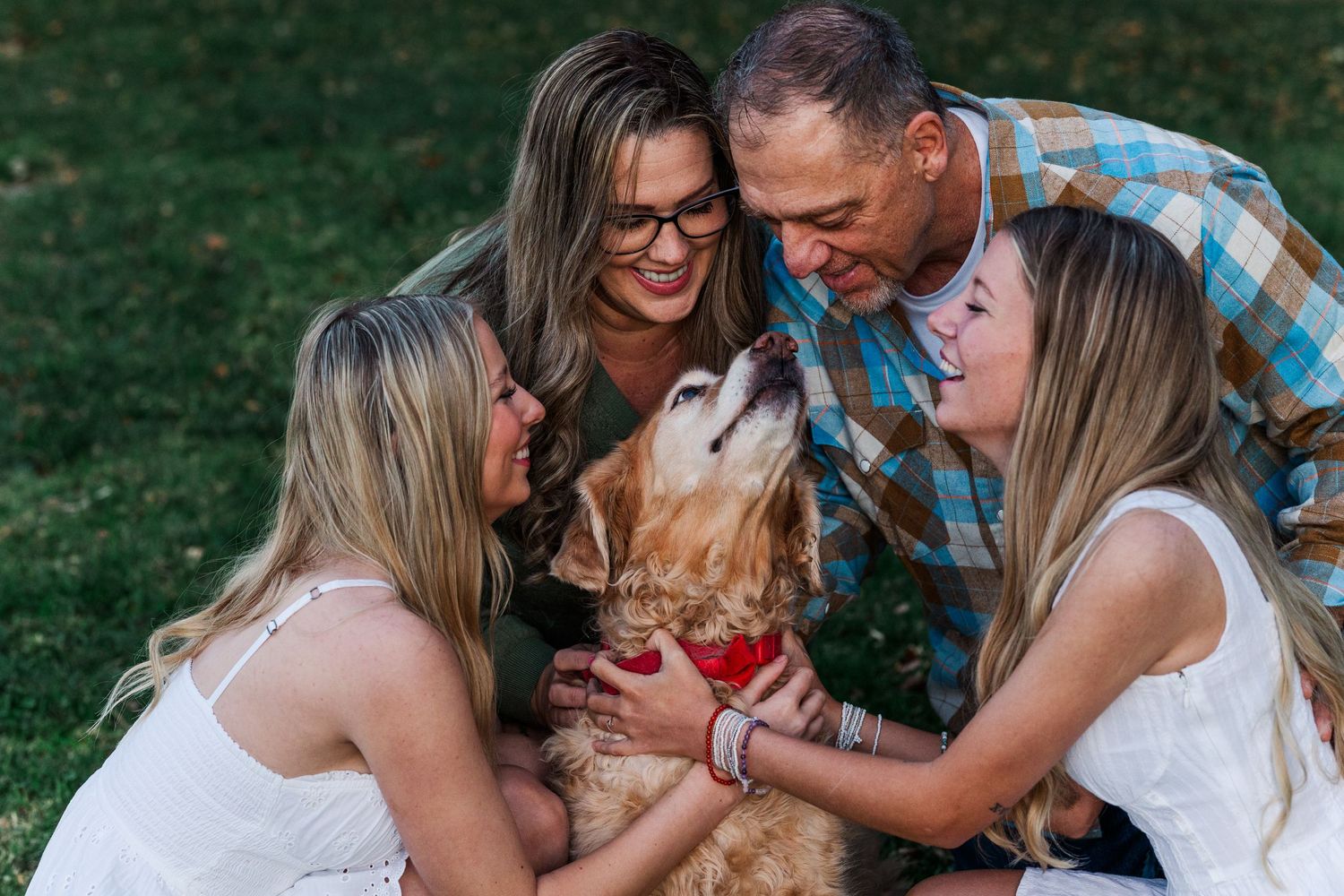A golden retriever sharing a joyful moment with its loving family in a backyard setting on a sunny day.