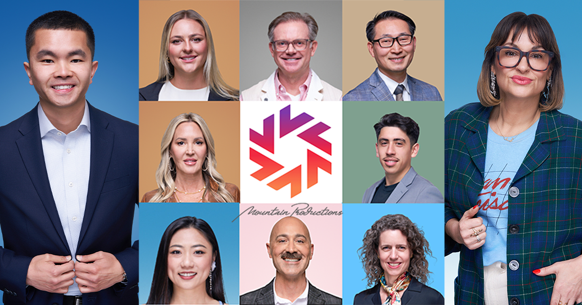 Professional headshots arranged in a grid around a colorful geometric logo showing diverse business team members.