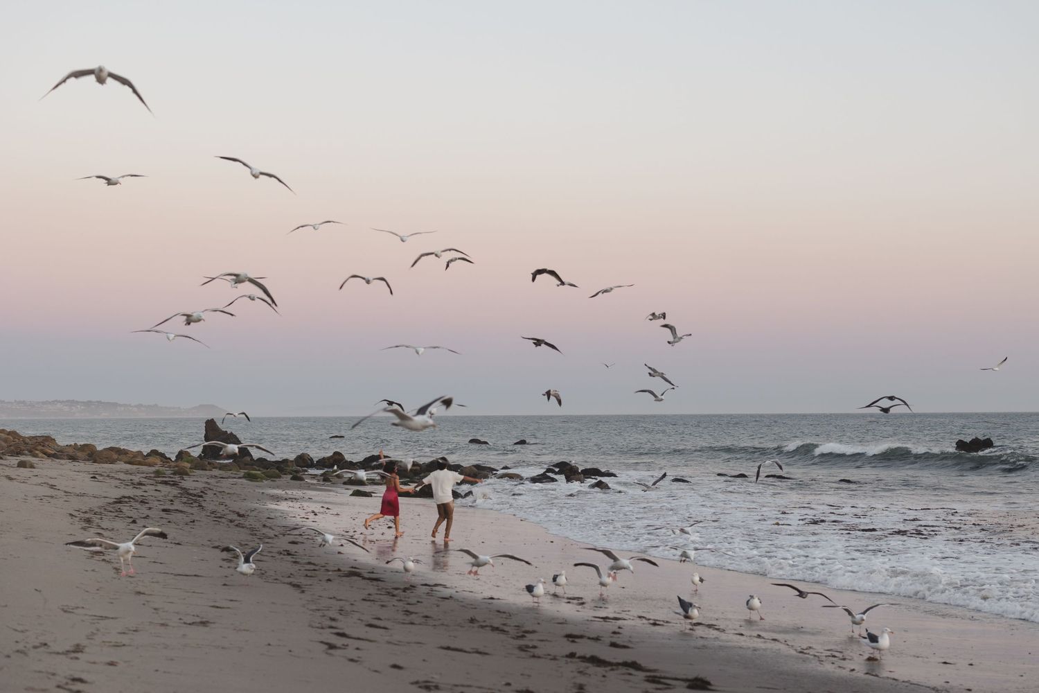 People walking on a beach at sunset surrounded by seagulls flying over the ocean waves.