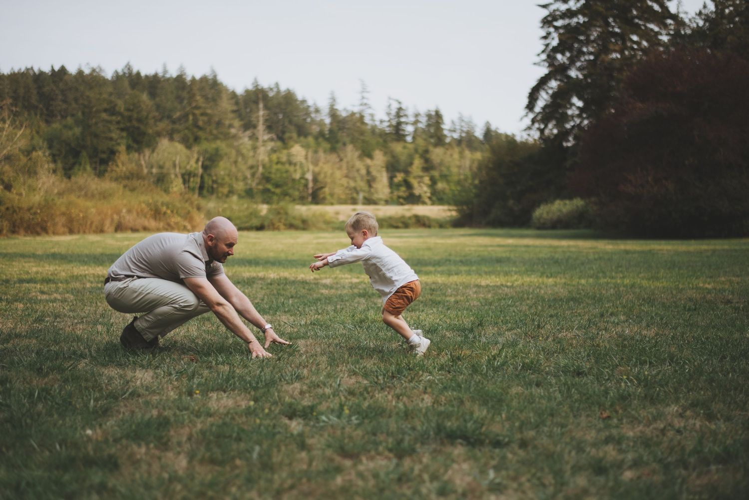 A playful moment captured in a grassy field with a leaping figure and someone reaching out.