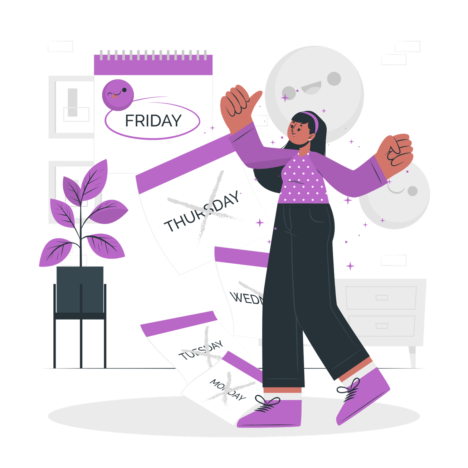 Woman dancing surrounded by days of the week, representing a fun and flexible work schedule.