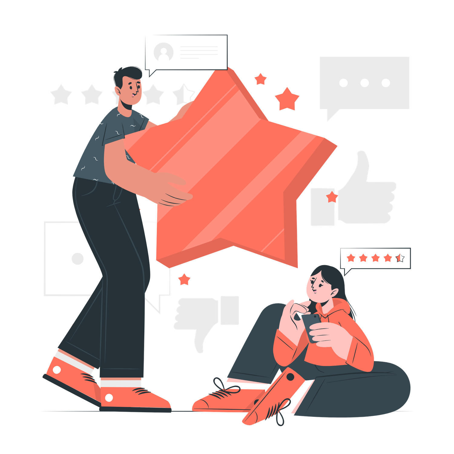 Two people interacting with a large red star and rating icons representing customer reviews and feedback concepts.