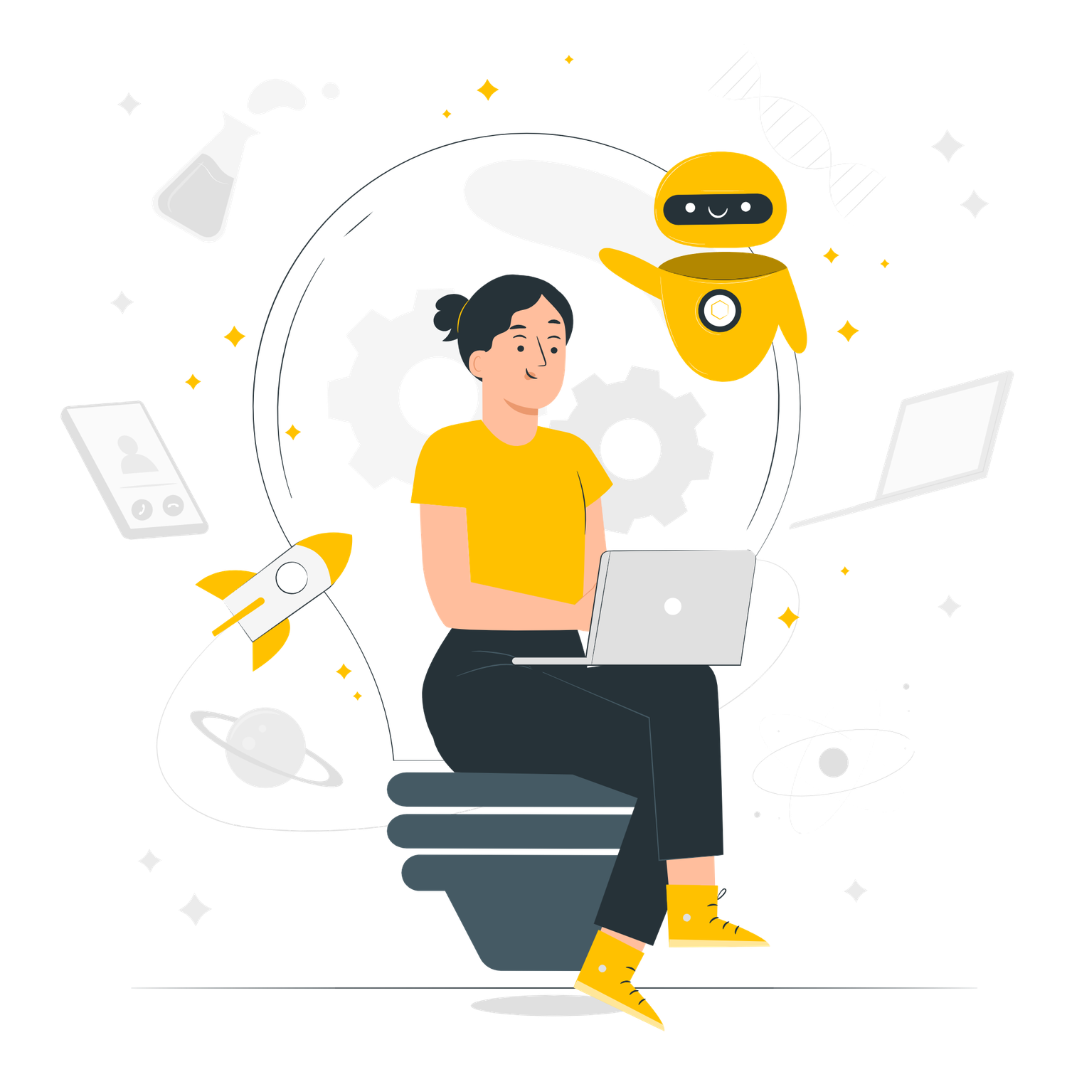 Woman sitting on lightbulb using laptop with AI robot assistant surrounded by innovation and technology icons.