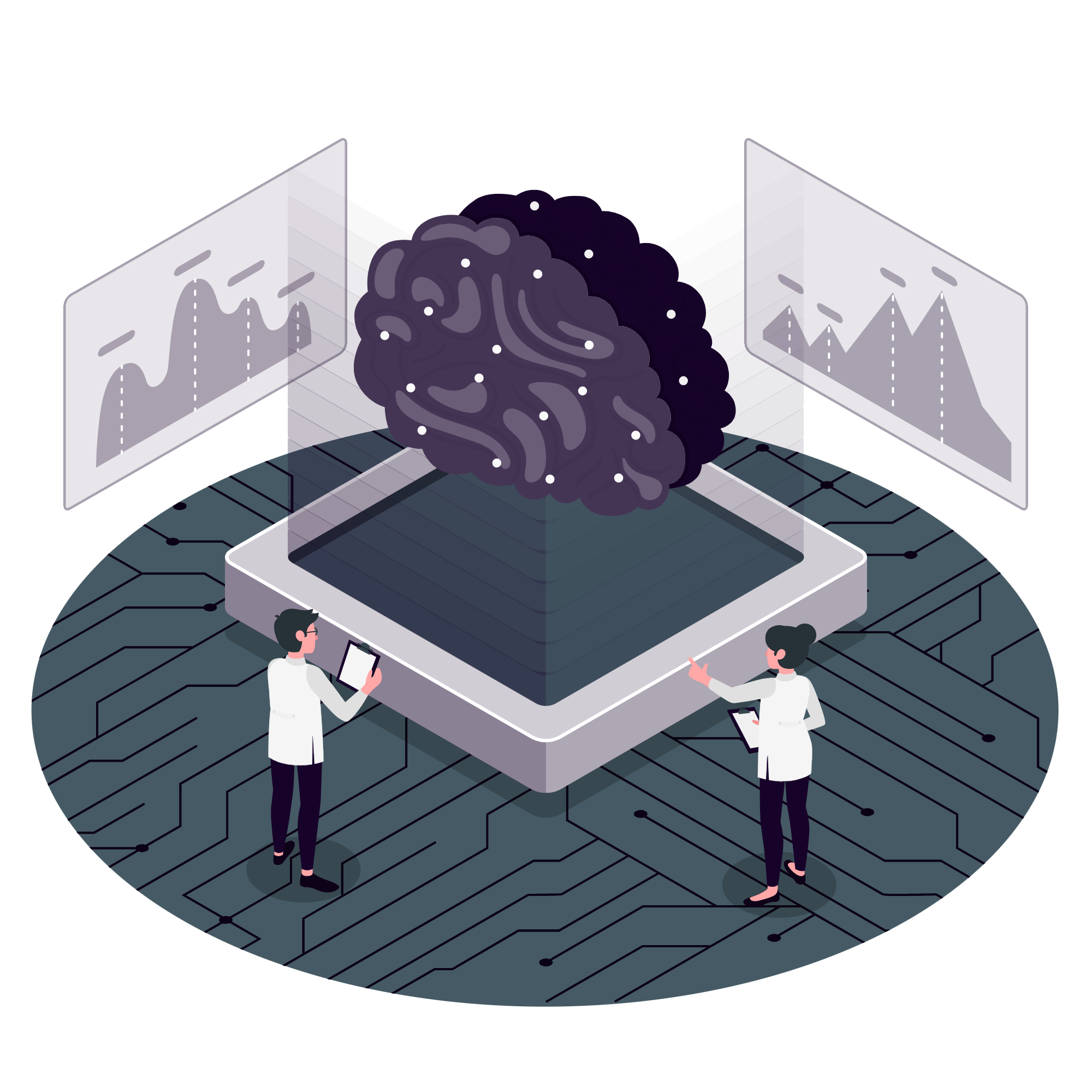 Two scientists analyze AI brain on microchip with data charts in isometric illustration of machine learning research.