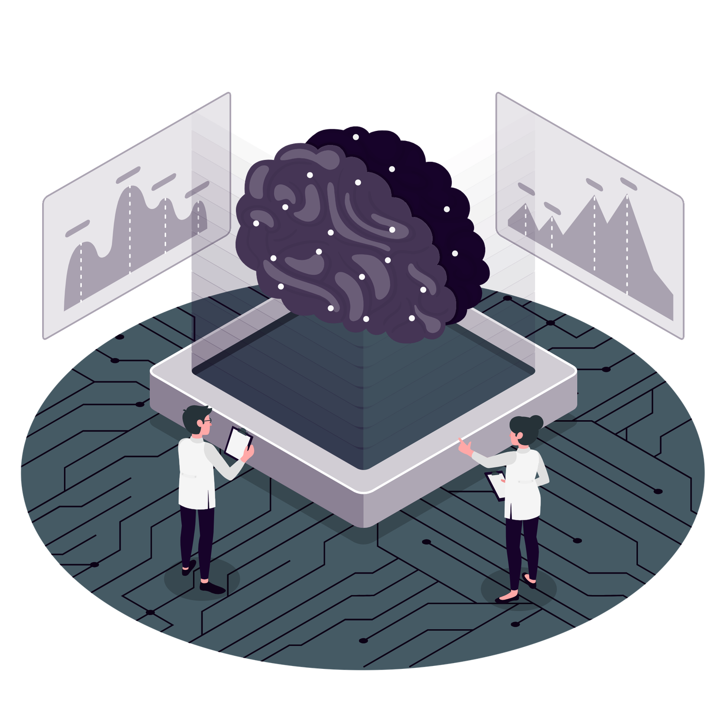 Two scientists analyze AI brain on microchip with data charts in isometric illustration of machine learning research.