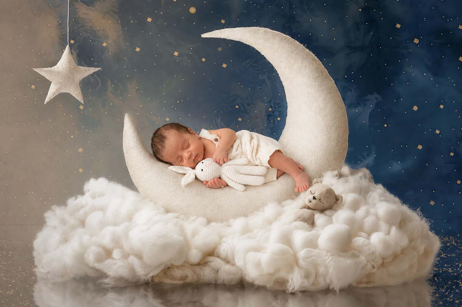 Newborn baby girl in white dress sleeping on pink backdrop with colorful balloons and fluffy cloud props.