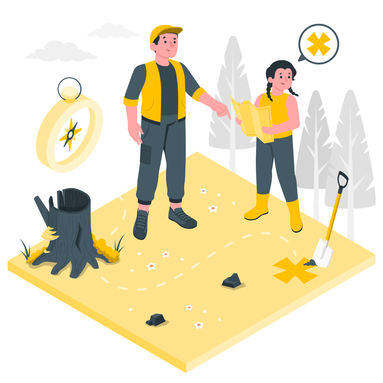 Two workers navigating a path with compass and shovel in forest representing problem-solving and exploration.