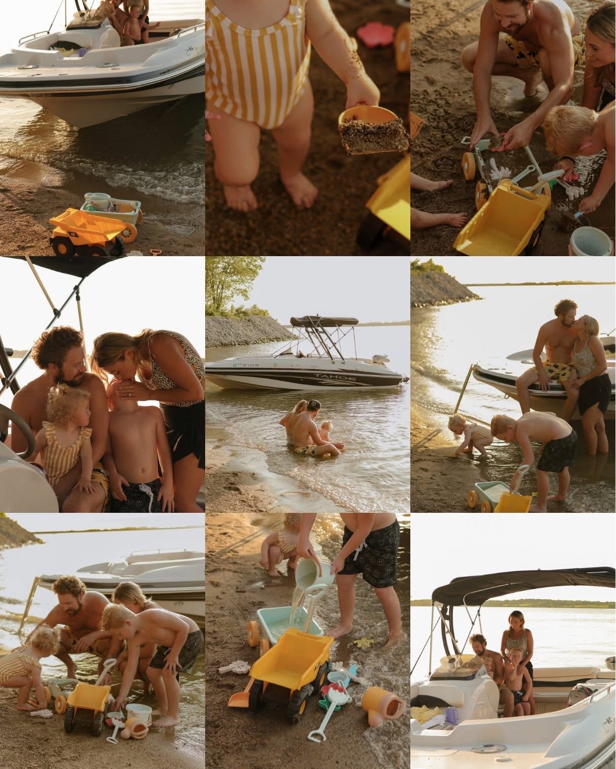Collection of candid beach moments showing family activities near boat.