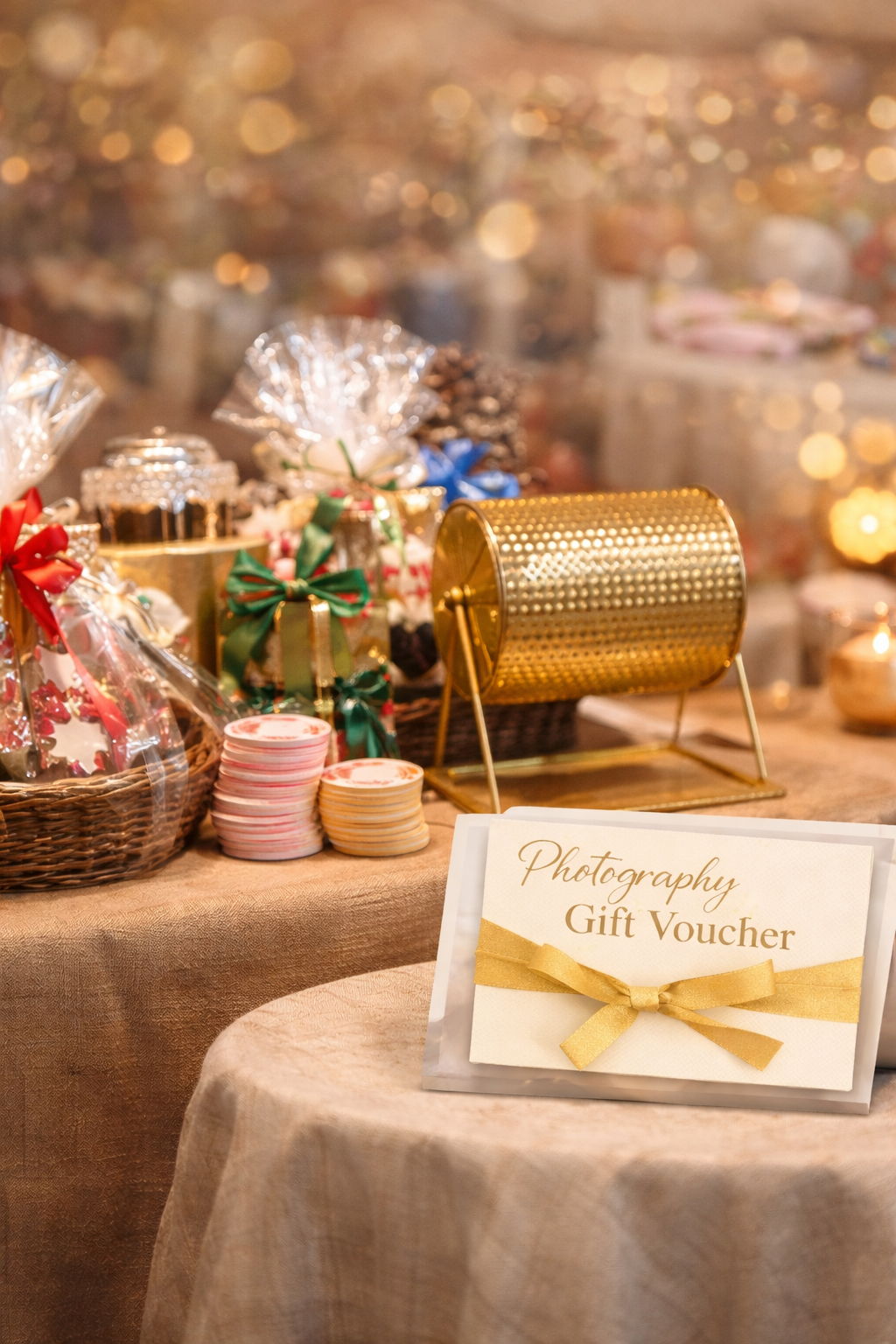 Raffle prize table with gift baskets and a photography gift voucher, photographed in a warm, cosy style by a Haverhill-based family photogra