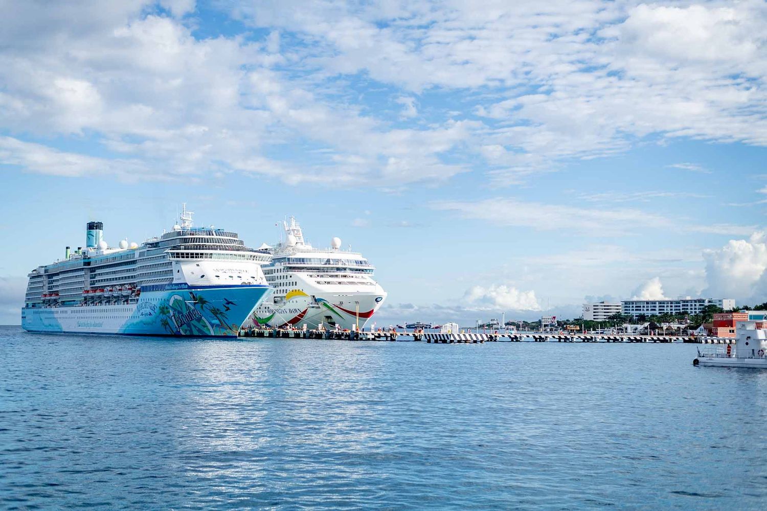 Multiple cruise ships dock at a tropical port with turquoise waters and palm trees visible along the shoreline.