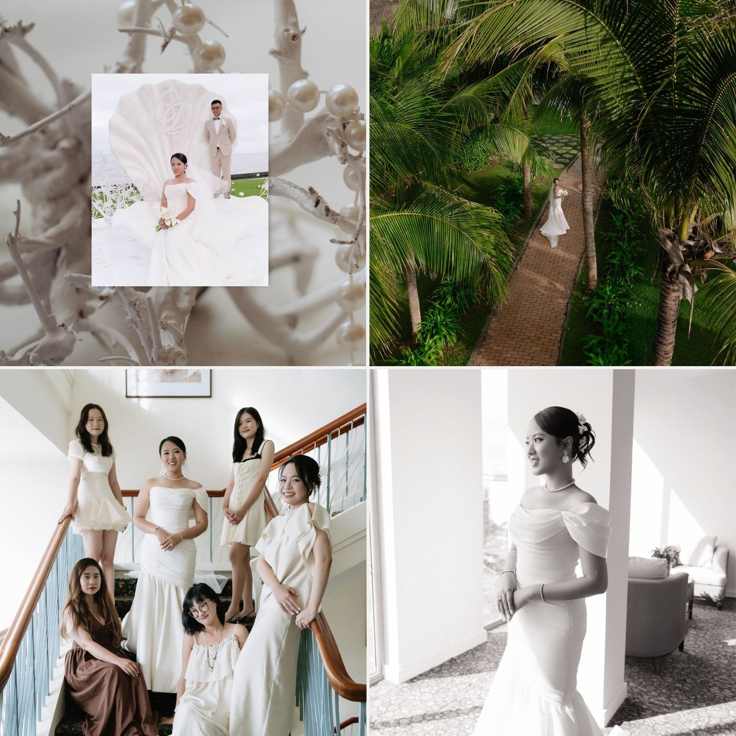 Collage of bride, bridesmaids, and couple at tropical wedding venue with palm trees.