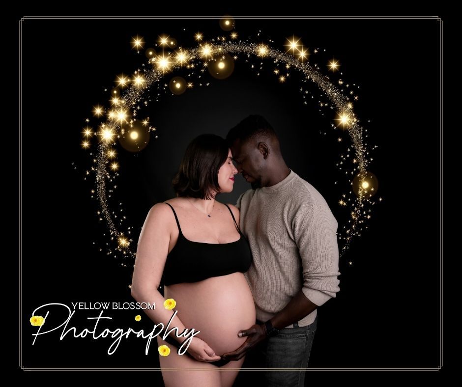 Romantic maternity photography collage with dark backgrounds and golden sparkle effects showing intimate couple poses.