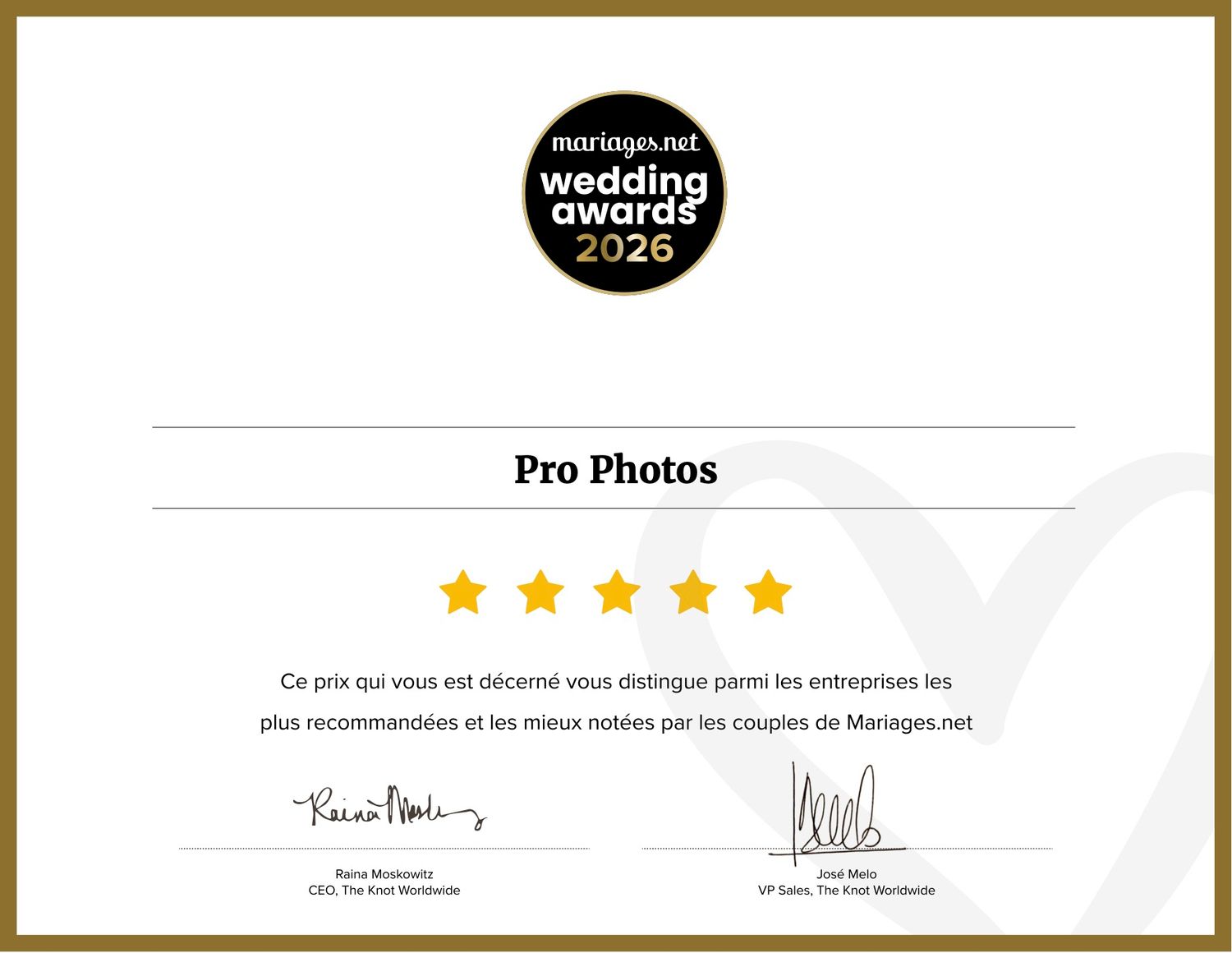A collection of professional wedding photography awards and certification badges displayed in a gold-framed collage.