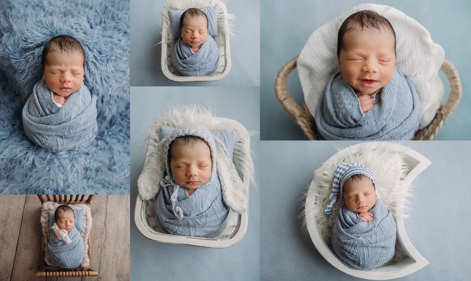 A collection of newborn photography portraits showing a sleeping baby in soft blue wraps and blankets against matching backdrops.