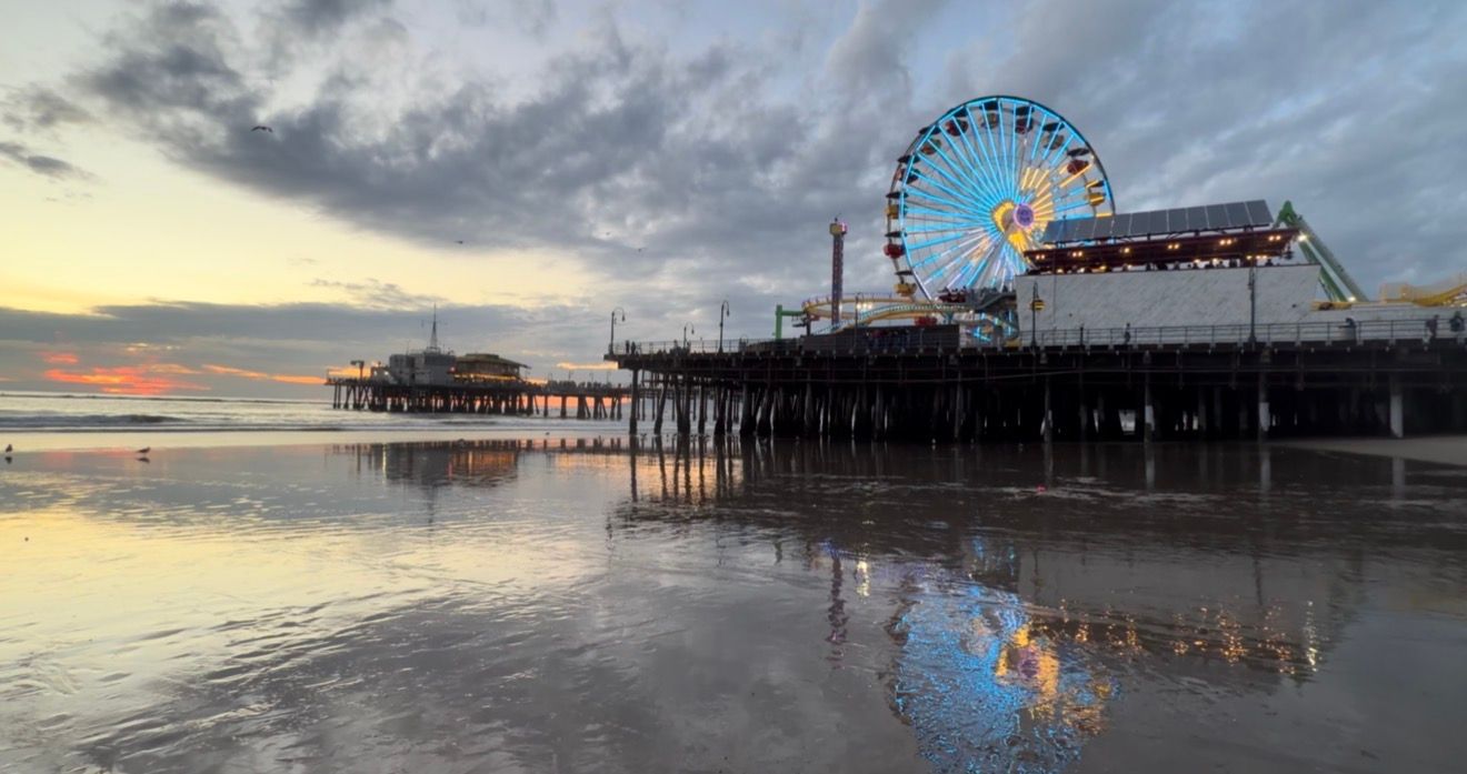A series of panoramic views of Santa Monica Pier at sunset with the iconic Ferris wheel silhouetted against the sky.