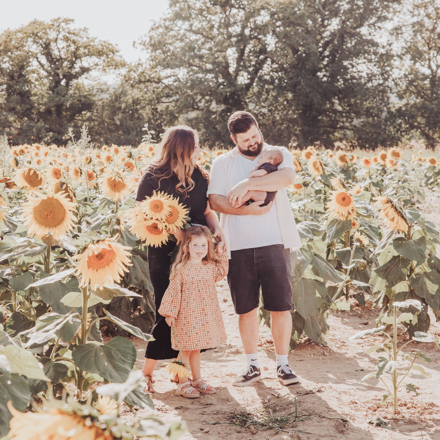 Family walking together through a sunflower field during a relaxed outdoor photoshoot.