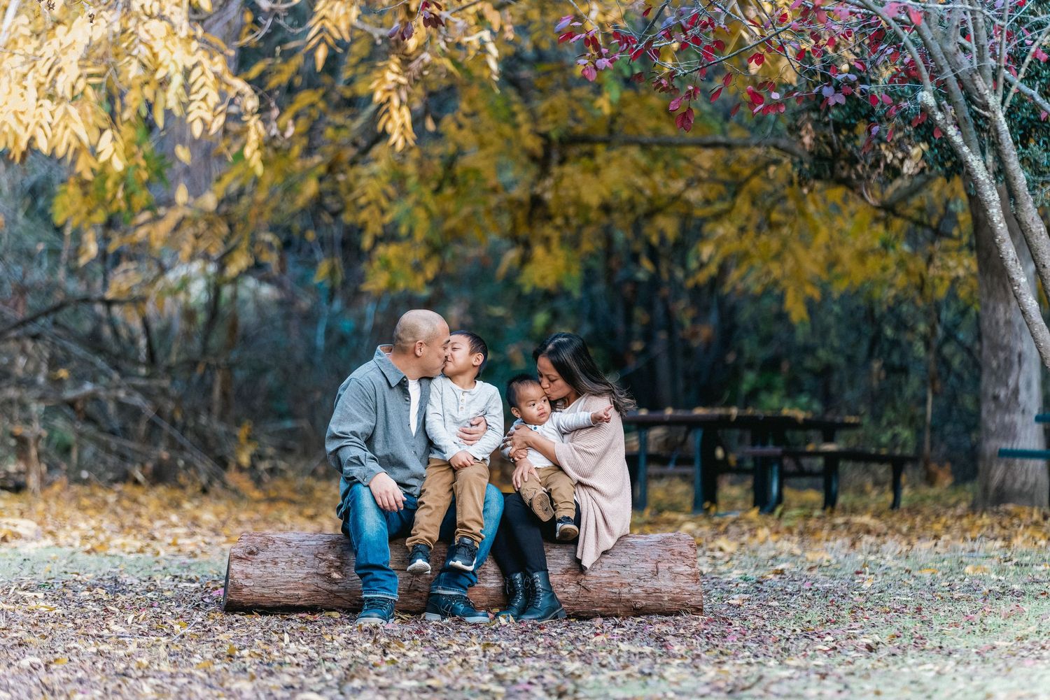 Family sitting together on a wooden log in an autumn setting with colorful foliage.