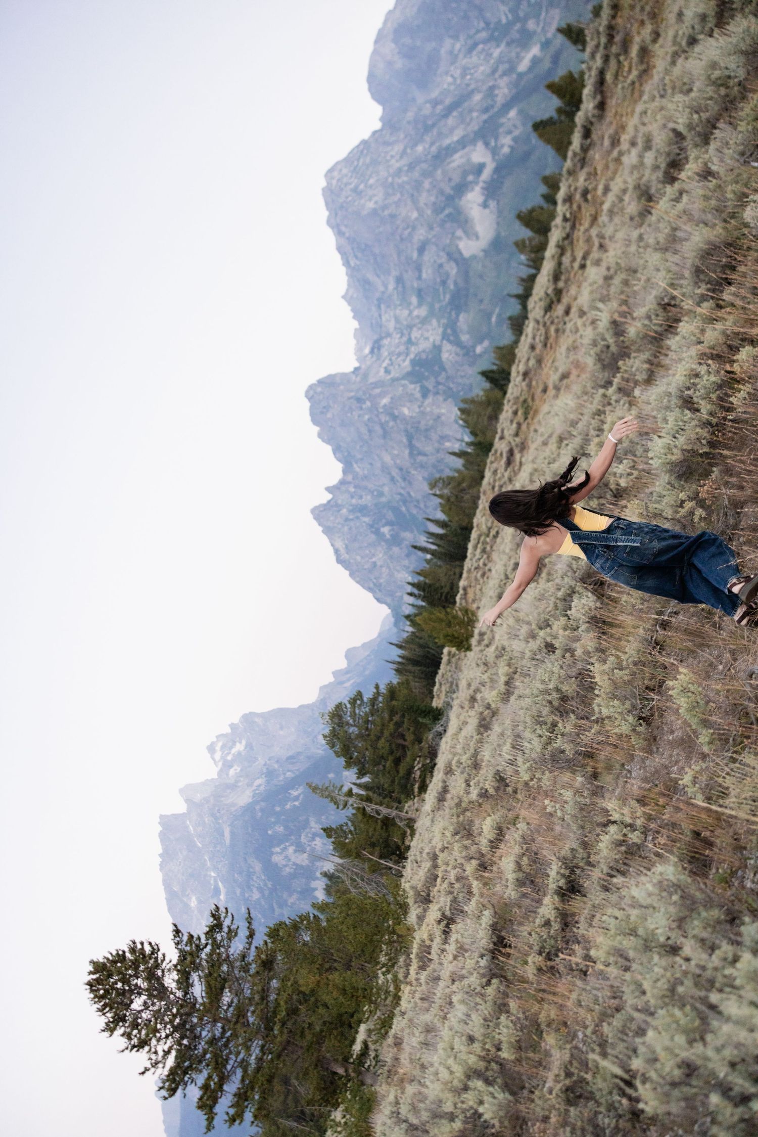 Woman rock climbing on a rugged mountain face with scenic Grand Teton peaks and pine forest in the background.