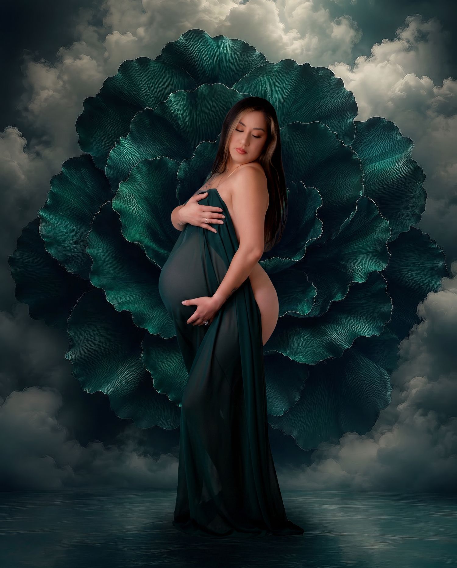 Pregnant woman in teal gown poses gracefully before large dark green floral backdrop with dramatic cloudy sky.