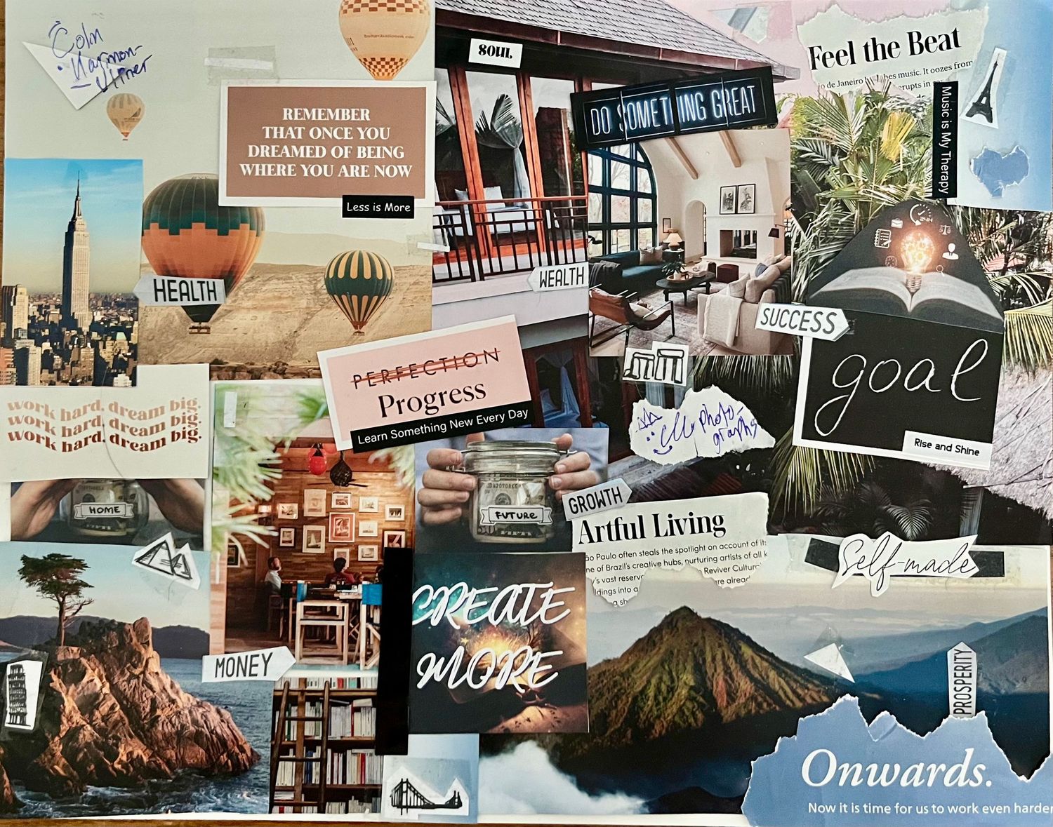 Colorful vision board collage featuring motivational quotes, goals, travel, and success imagery.